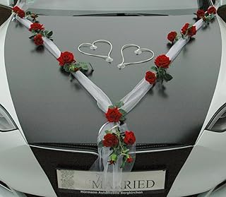 TOPDEKO Autoshmuck perfekte Samtrosen, wie natür Rosenblätter, höchste Qualität Braut Paar Rose Deko Dekoration Hochzeit Car Auto Wedding (M+H rot)