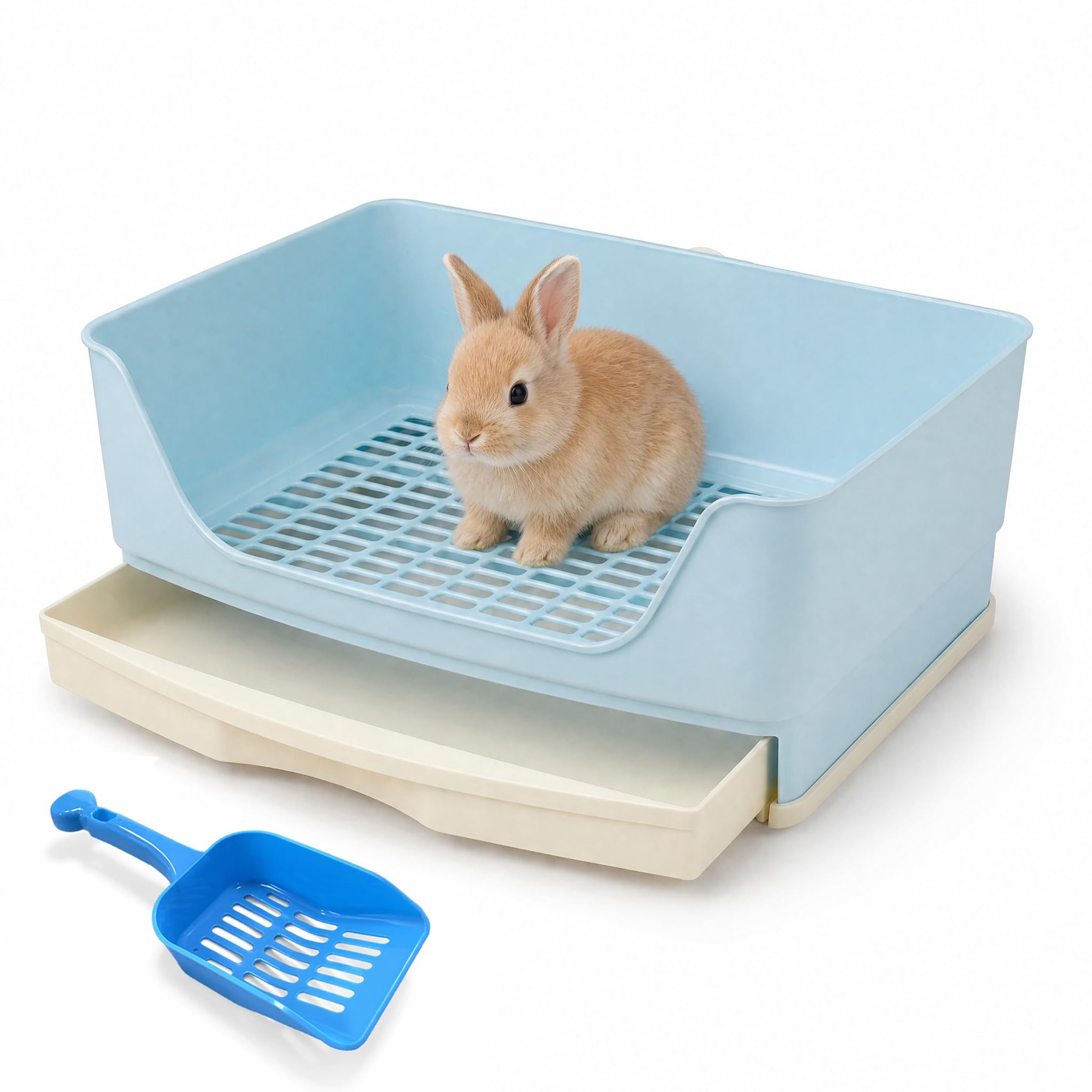 Exquilnova 40 X 30 X 16CM Rabbit Litter Tray,Rabbit Litter Box with Drawer Design,Guinea Pig Litter Tray with Litter Scoop,Rat Litter for Rabbits,Chinchillas,Guinea Pigs,Hamsters(Blue)
