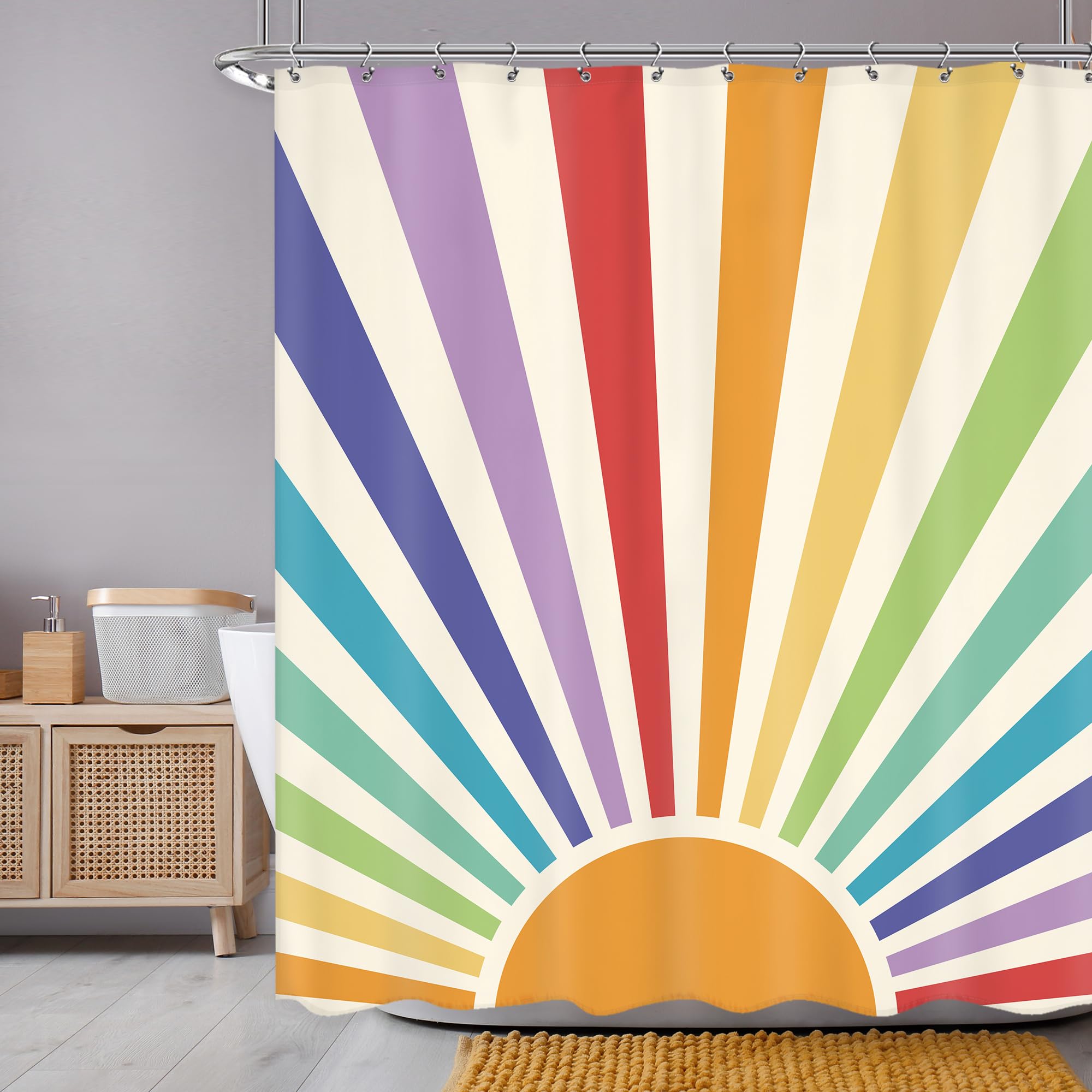 Newsely Boho Shower Curtain in Vintage Style, 70s Style, 60Wx72L inch, Retro Rainbow, Cute Sunrise, Sunset, Colorful, Abstract Shower Curtain Set, Aesthetic, Waterproof,
