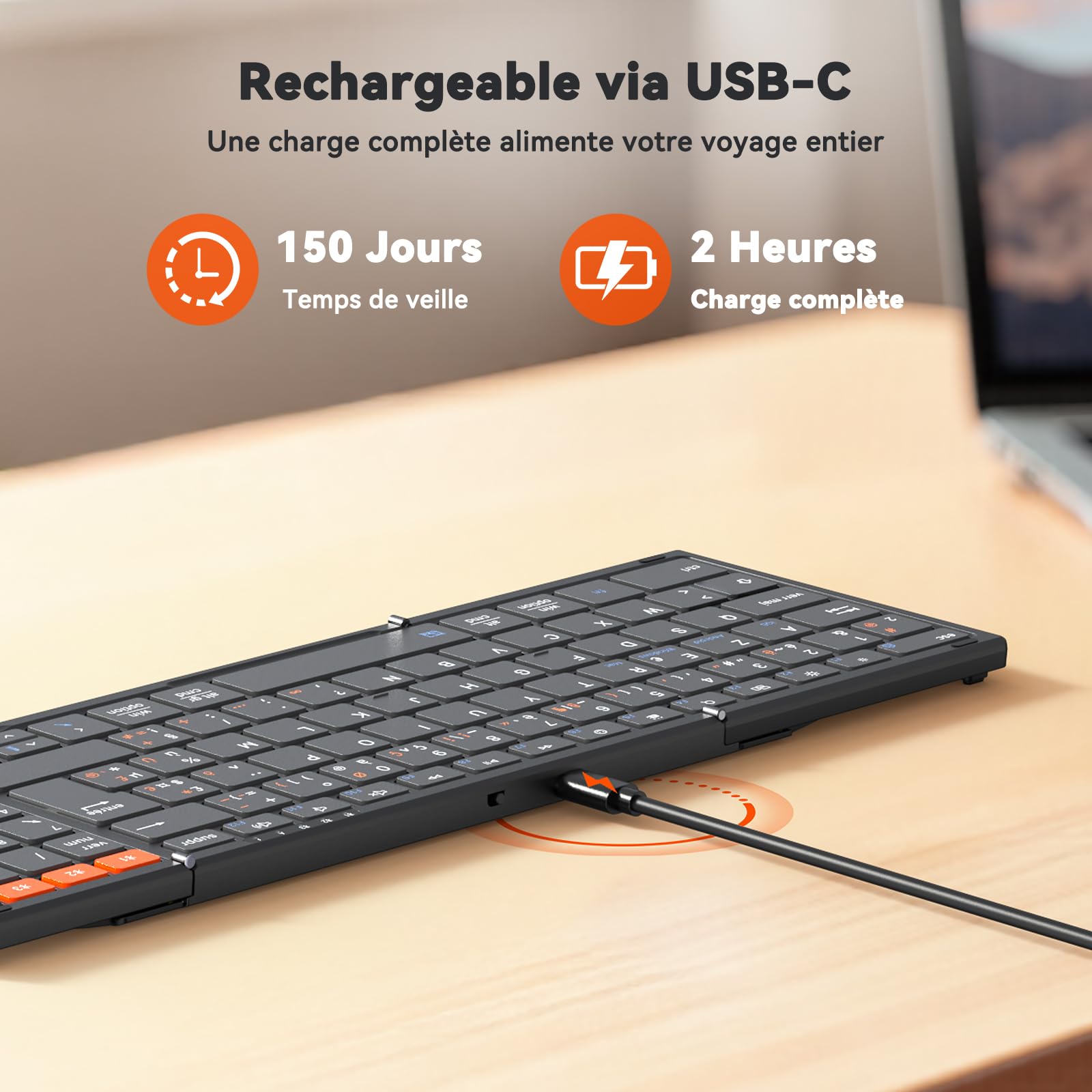 MEETION Clavier Bluetooth Pliable Avec Pavé Tactile, Clavier Portable Sans Fil AZERTY, Clavier Pliable Full-Size Rechargeable, Compatible Avec Android, Windows, iOS, Tablettes Et Ordinateurs Portables