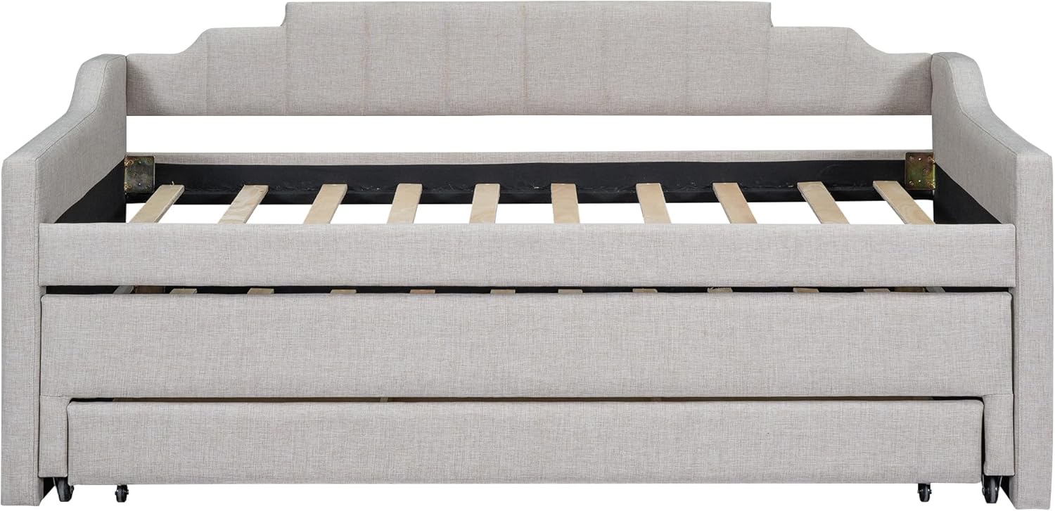 Merax Upholstered Twin Size Daybed with Trundle and Three Drawers, Wood Sofa Bed with Swooping Arms, Beige