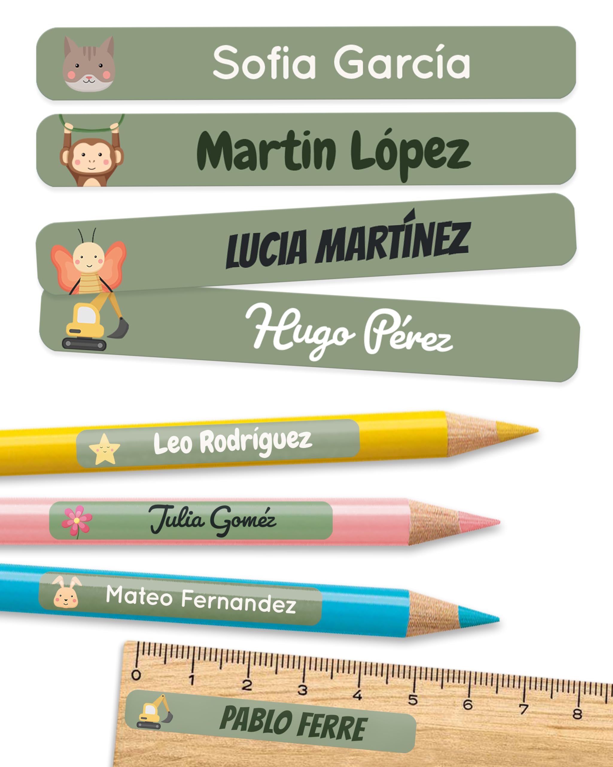 melu kids® Etiquetas adhesivas personalizadas objetos para colegio y guardería (75 uds.) - etiquetas personalizadas libros, etiquetas nombre material escolar - resistentes al lavavajillas - Verde