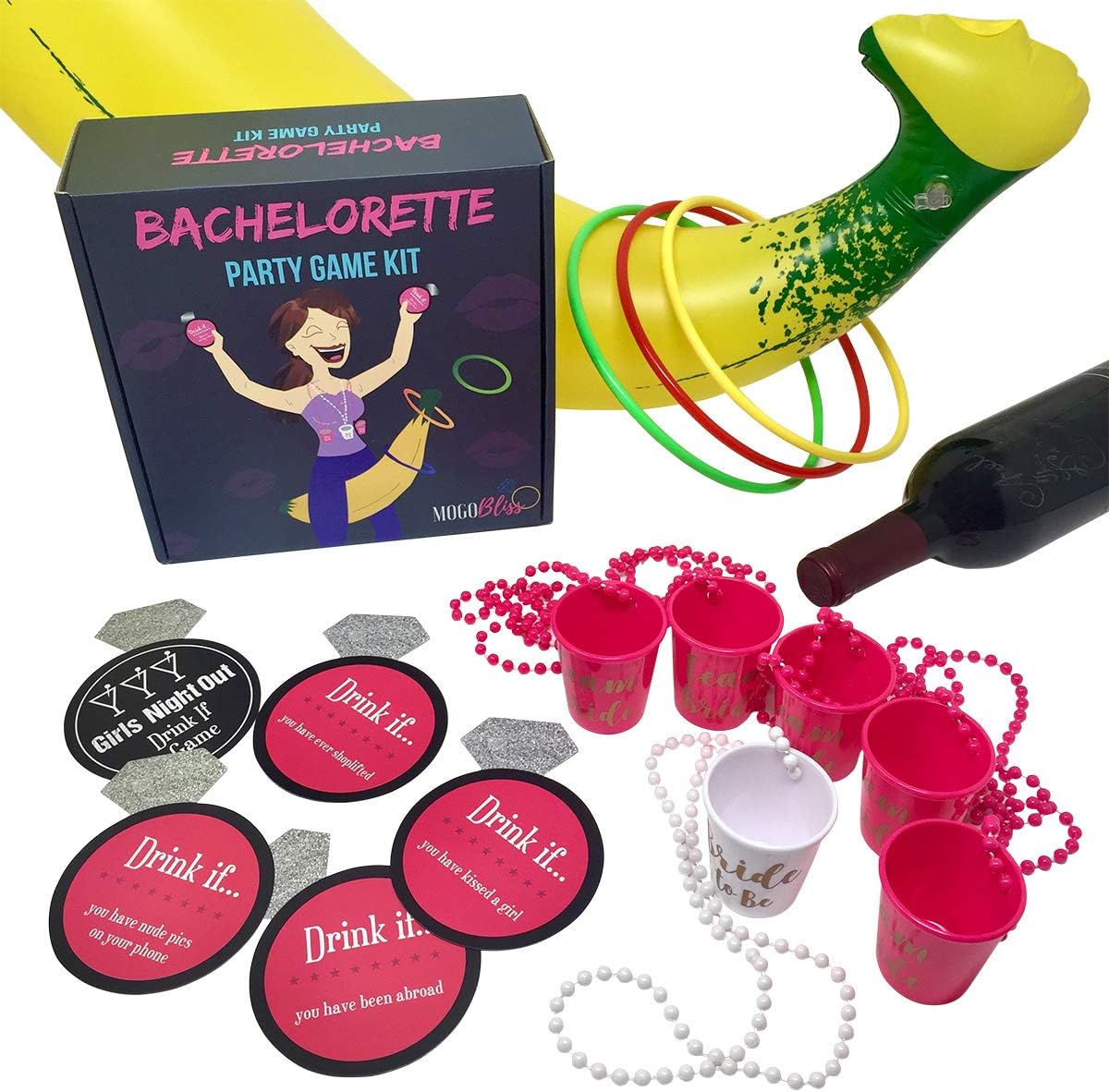40 PC Bachelorette Party Games Kit | 3 Games in 1 | Banana Ring Toss, “Drink If” Card Drinking Game + 6 PK Bridal Shot Glass Necklaces | Naughty & Fun Party Decorations, Favors & Supplies by MOGObliss