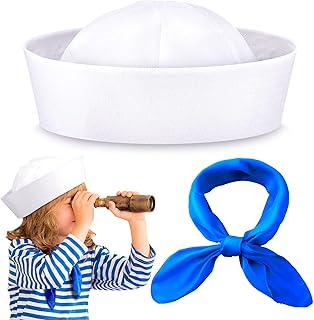 White Sailor Hats and Blue Scarf, Navy Captain Hats Yacht Hat for Teens and Adults Barnacle Boy Hat Costume for Halloween Costume Party Accessory