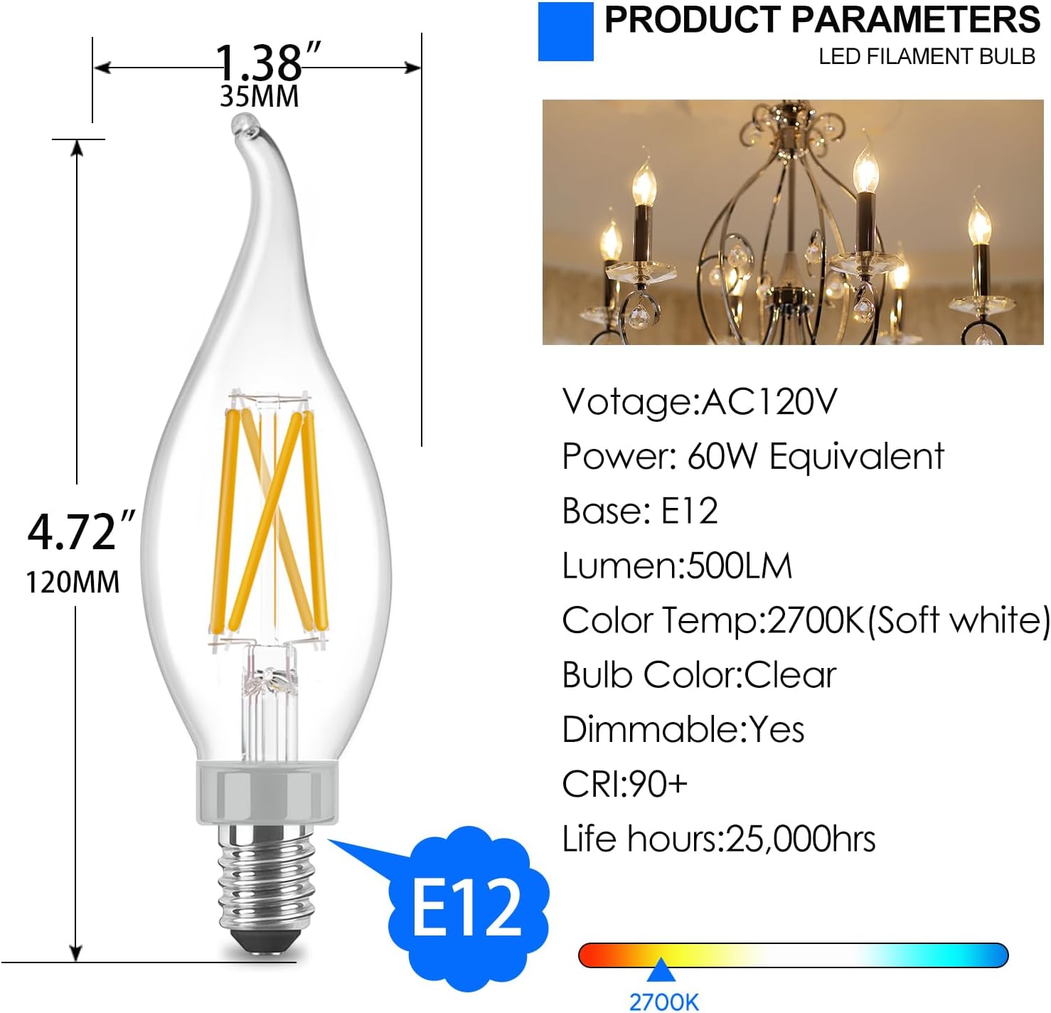 VATION LIGHTING Dimmable E12 Candelabra LED Bulbs 60 Watt Incandescent Equivalent，2700K Soft White 500 Lumens, CRI 90+, CA11 Vintage Ceiling Fan Light Bulbs with Flame Tip, 12 Pack