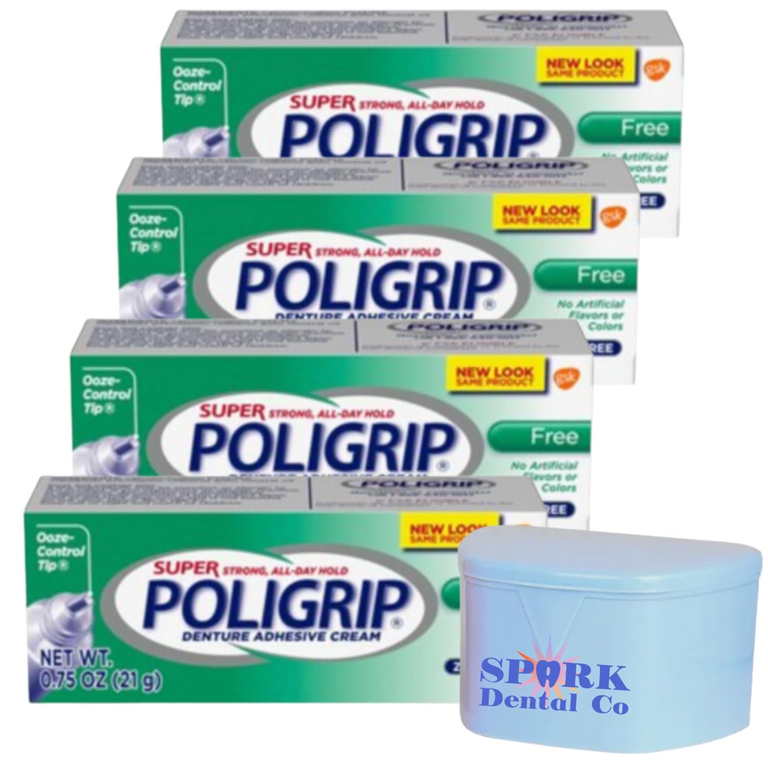 Bundle: Travel Size Super Poligrip Denture Adhesive Cream (4 Tubes) - 0.75 Oz, Strong Hold, Zinc-Free Formula, & Spark Dental Denture Box