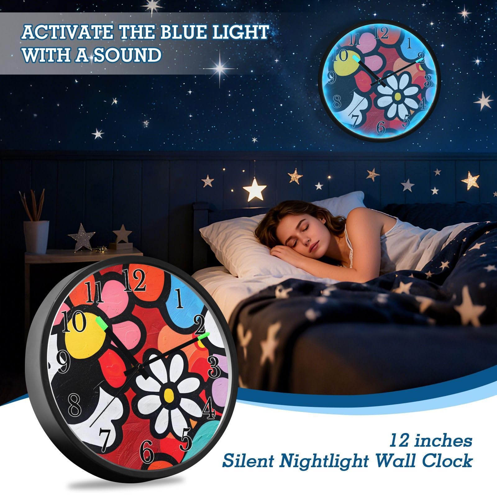 Mnsruu Reloj de pared infantil con diseño de garabatos florales luminosos para dormitorio, funciona con pilas, reloj silencioso que brilla en la oscuridad, para sala de estar, cocina, 12 pulgadas