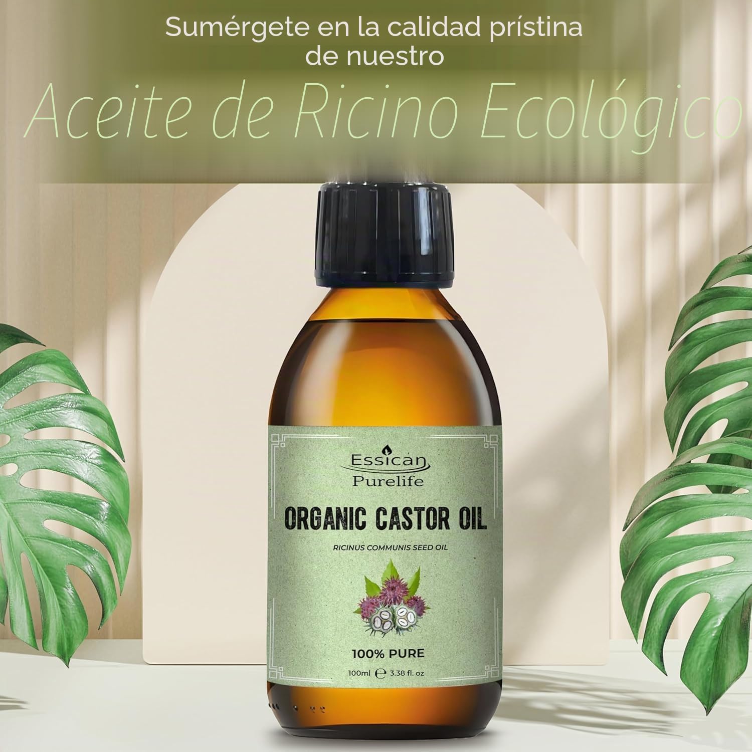 Aceite de Ricino Orgánico Sin Hexano 100ml Botella de Vidrio para Piel y Cabello