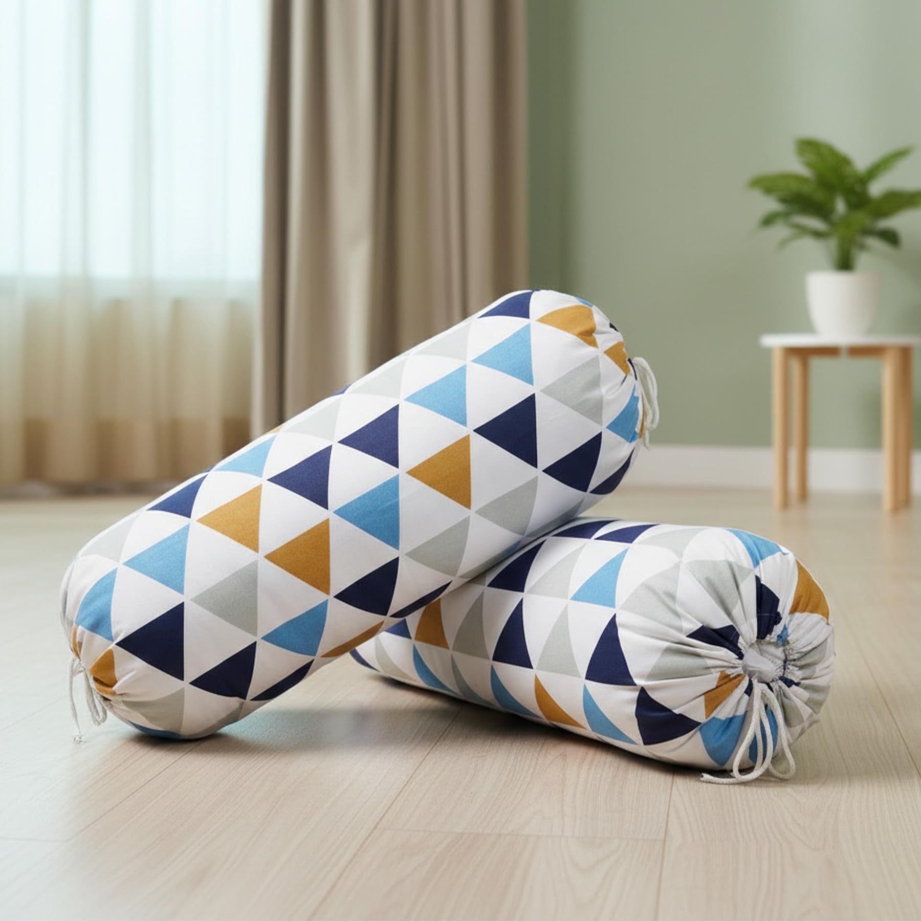 HOMEMONDE Cotton Bolster Cover 16 x 32 Inches - Set of 2 Soft Round Pillow Cover with Triangle Print for Decoration, Multicolor (80 x 40 CM)