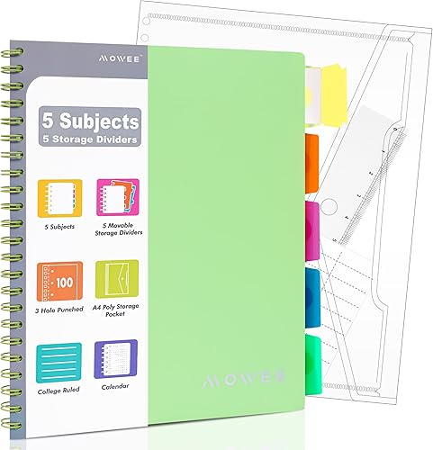 MOWEE Cuaderno de espiral  Cuaderno de 5 materias, cuaderno de rayas universitarias de 3 agujeros perforados con divisores, bolsillos de