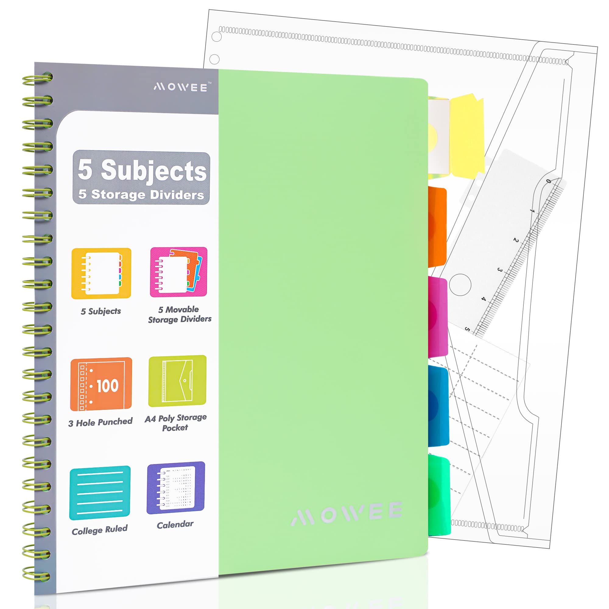 MOWEE Spiral Notebook - 5 Subject Notebook, College Ruled Notebook 3-Hole Punched With Dividers, Storage Pockets, 11" Ruler, 100 Sheets of 200 Pages,
