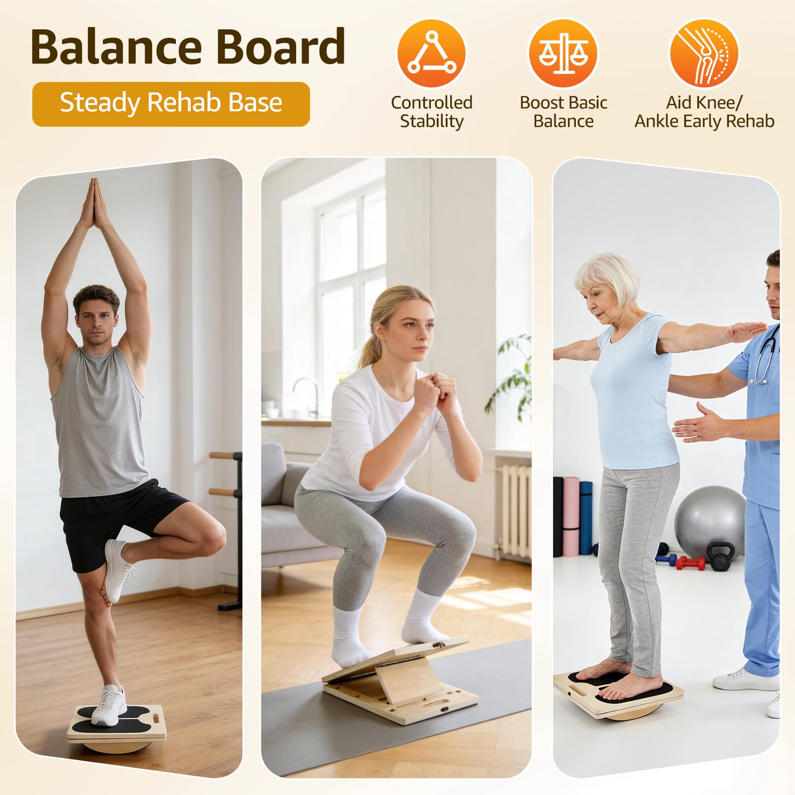 Balance Board 3-in-1 in Legno Portatile, Angoli Regolabili, Maniglia