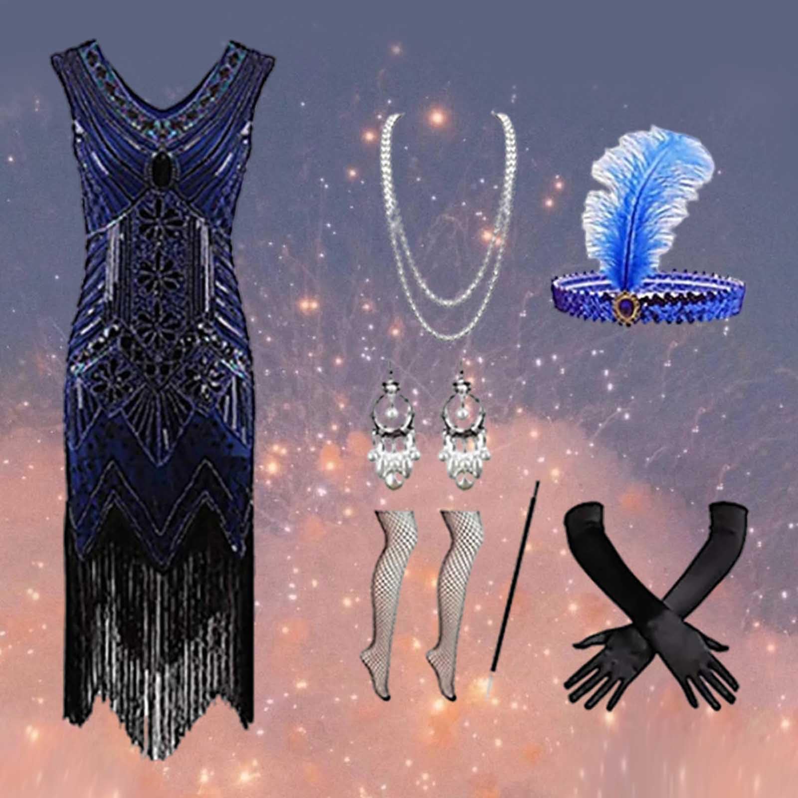 Generisch Damen 1920er Kleider mit Fransen schweren Perlen Pailletten – elegantes Faschingskostüm inklusive Accessoires für Karneval sowie Themenabende im -Stil