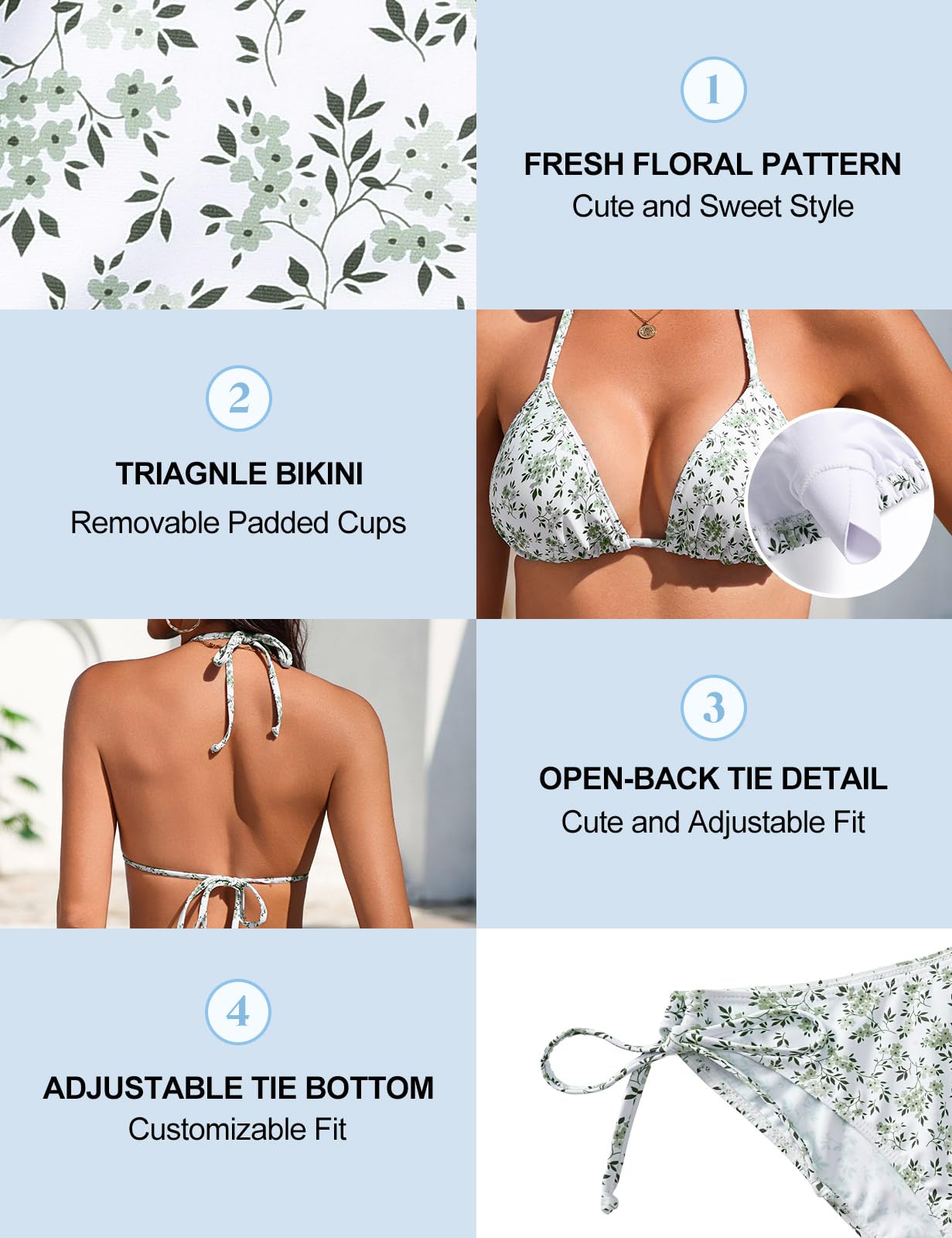 Svanco Cute Bikini Damen Set 3 Teilig mit Blumenmuster - Triangle Neckholder Oberteil, Unterteil Seitlicher Schnürung und Wrap Rock