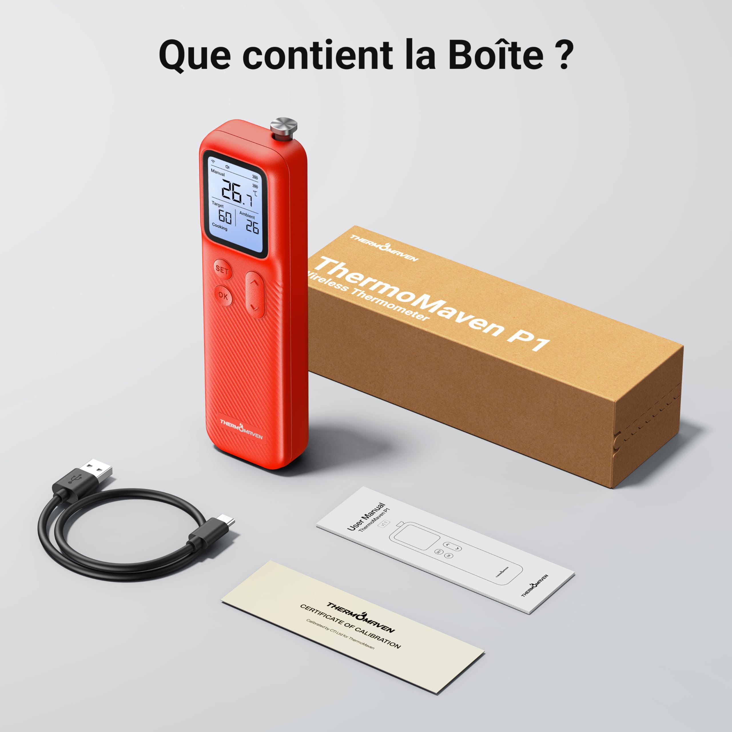 ThermoMaven P1 Thermomètre à Viande Sans Fil, Sonde de Cuisson Connectée | WiFi & Bluetooth 5.3 152 m, 6 Capteurs ±0,3 °C, IPX8, APP & Écran Intelligent, pour Barbecue, Four, Gril, Cuisine