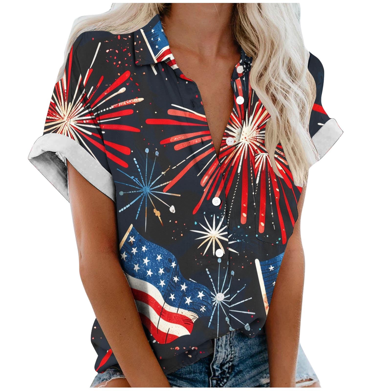 YihaojiaWomens Button Down Shirts Summer American Flag Short Sleeve Rolled Print Tees Casual Collared Comfy Tops with Pocket