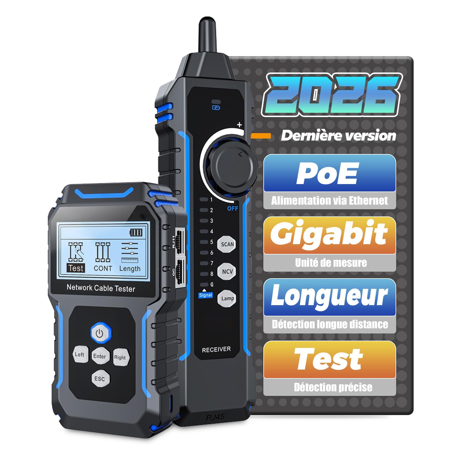 Netzwerkkabeltester, 60V PoE-Erkennung 350m Kabellängenmessung & Gigabit-Unterstützung, Ultimatives Werkzeug zur Fehlerbehebung in Rechenzentren Tracker (Black)
