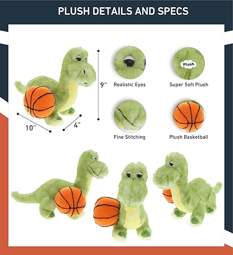 Miniatura 3 de DolliBu Animal de peluche de dinosaurio verde con felpa de baloncesto, dinosaurio de felpa suave para abrazar, juguete de peluche para jugar, lindo