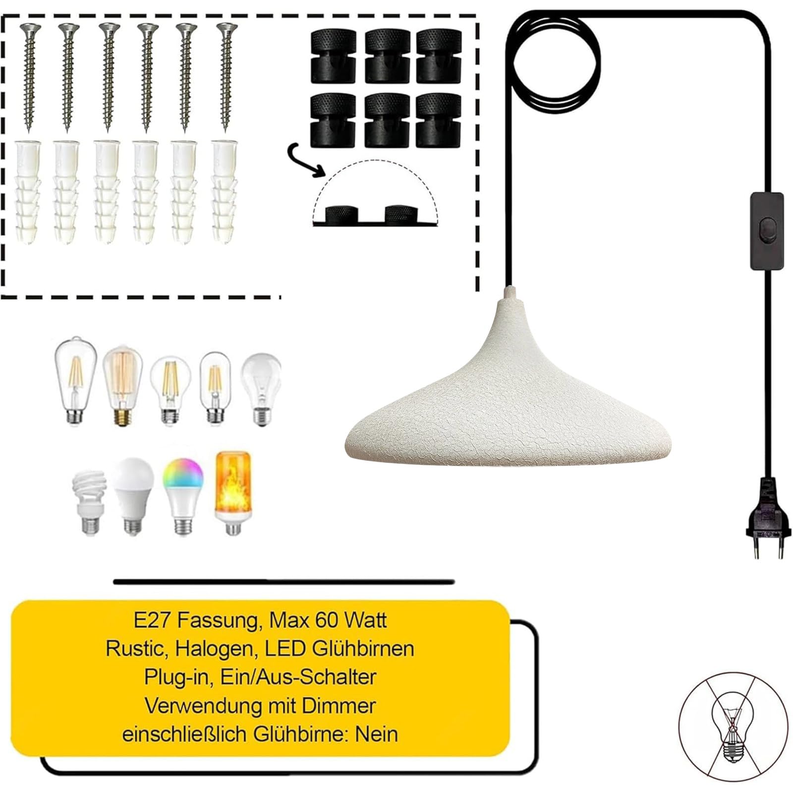 bamyum Lampadario a Sospensione con Spina, Lampadario Cucina 35 cm, Lampada da Soffitto con 450 cm Cavo, Lampadario a Sospensione, Lampada per Isola da Cucina in Metallo, Bianco