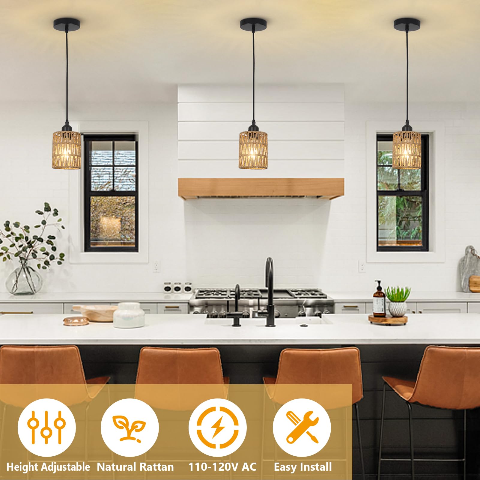 LAMSU 3 Pack Rattan Pendant Lights Kitchen Island, Farmhouse Pendant Lighting with Hand Woven Wicker Shade, Boho Chandelier Light Fixtures Ceiling Hanging for Dining Room Bedroom Foyer Hallway