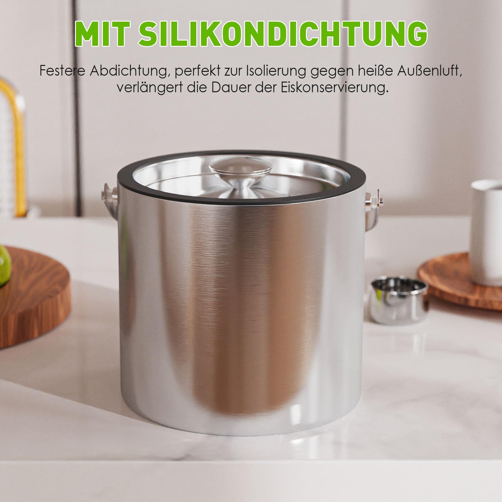 3,2 L Eiswürfelbehälter mit Deckel und Zange，Doppelwandig Isoliert Edelstahl Eiswürfelbehälter für Wein ，Premium Eiseimer für Eiswürfel, Eiskübel für die Eiswürfel Aufbewahrung