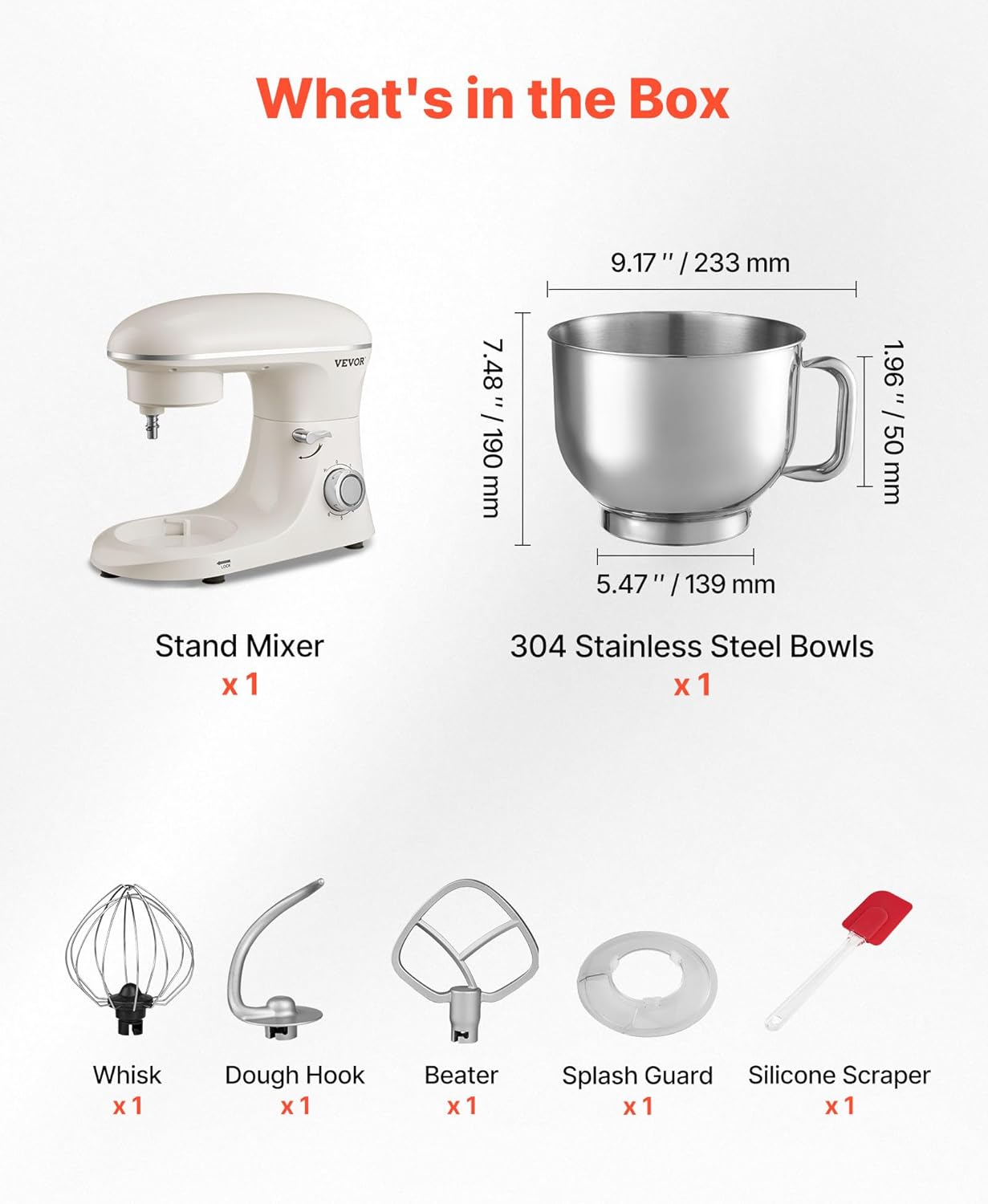 VEVOR Stand Mixer, 6 QT Dough Mixer, 660W 6 + P Speeds Tilt-head Food Mixer with Stainless Steel Bowl, Dough Hook, Wire Whip, Flat Beater, Scraper, Household Stand Mixer for Baking & Mixing, White