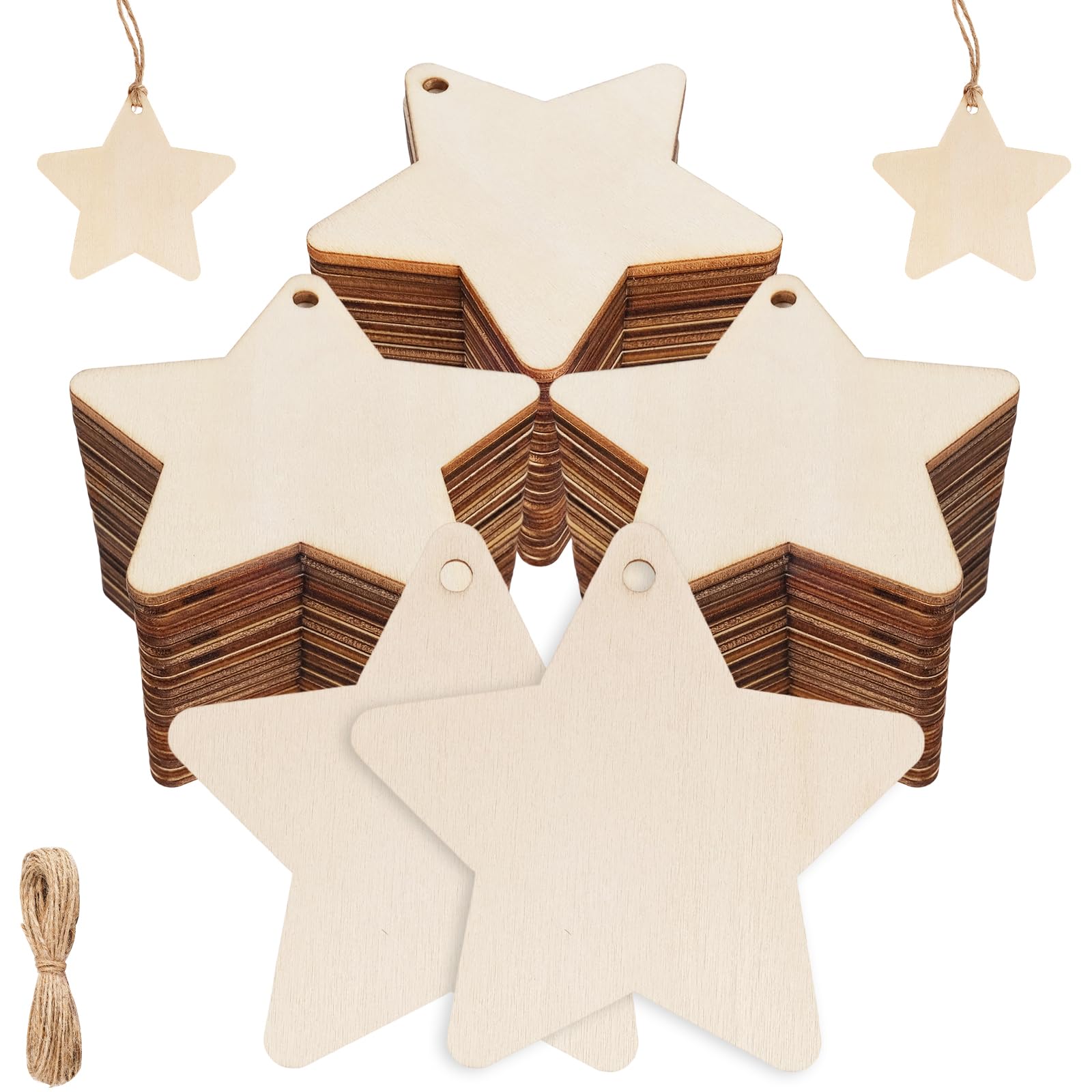 HOLDLEAF 60 Stück Holz Sterne 7cm, 3mm Dick, inkl. Juteschnur – Blanko Holzanhänger Sterne zum Basteln, Bemalen & Verzieren, Weihnachtsanhänger, Christbaumschmuck, Deko