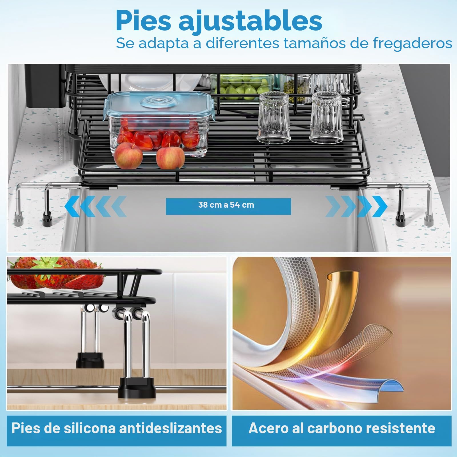 Escurreplatos Extensible, Escurridor de Platos con Soporte para Utensilios, Estante de Secado con Caño de Drenaje y Bandeja de Goteo para Encimera de Cocina, Negro