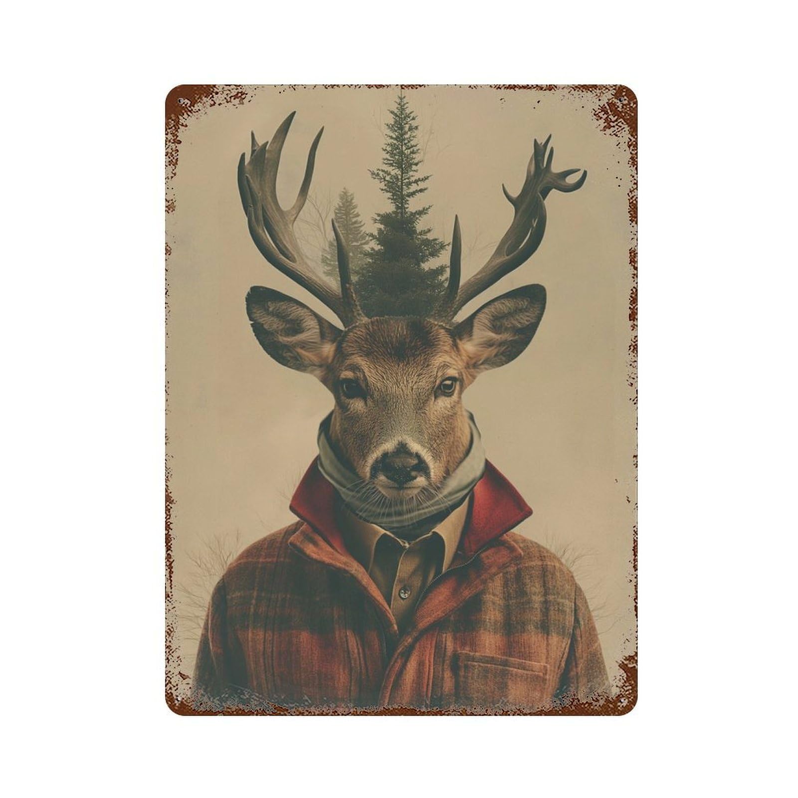 Deer in A Plaid Jacket 15.7"x11.8" Aged Metal Wall Plaque, Novelty Wall Decor for Shed, Workshop And Garage Wall Decor