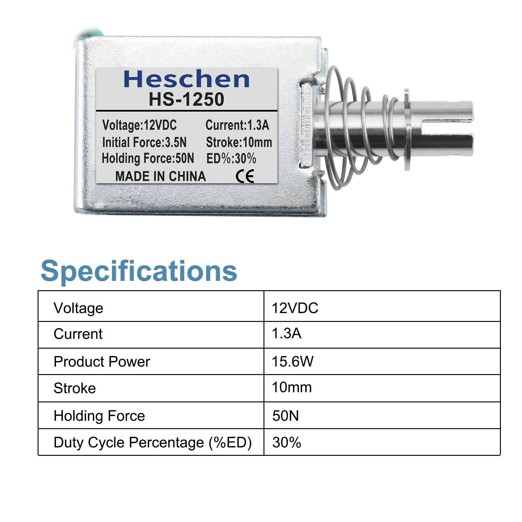 Heschen Electroimán solenoide, HS-1250, DC12V, 1.3A, 50N, 10mm de carrera, Tipo de tracción, Cerradura de puerta de marco abierto