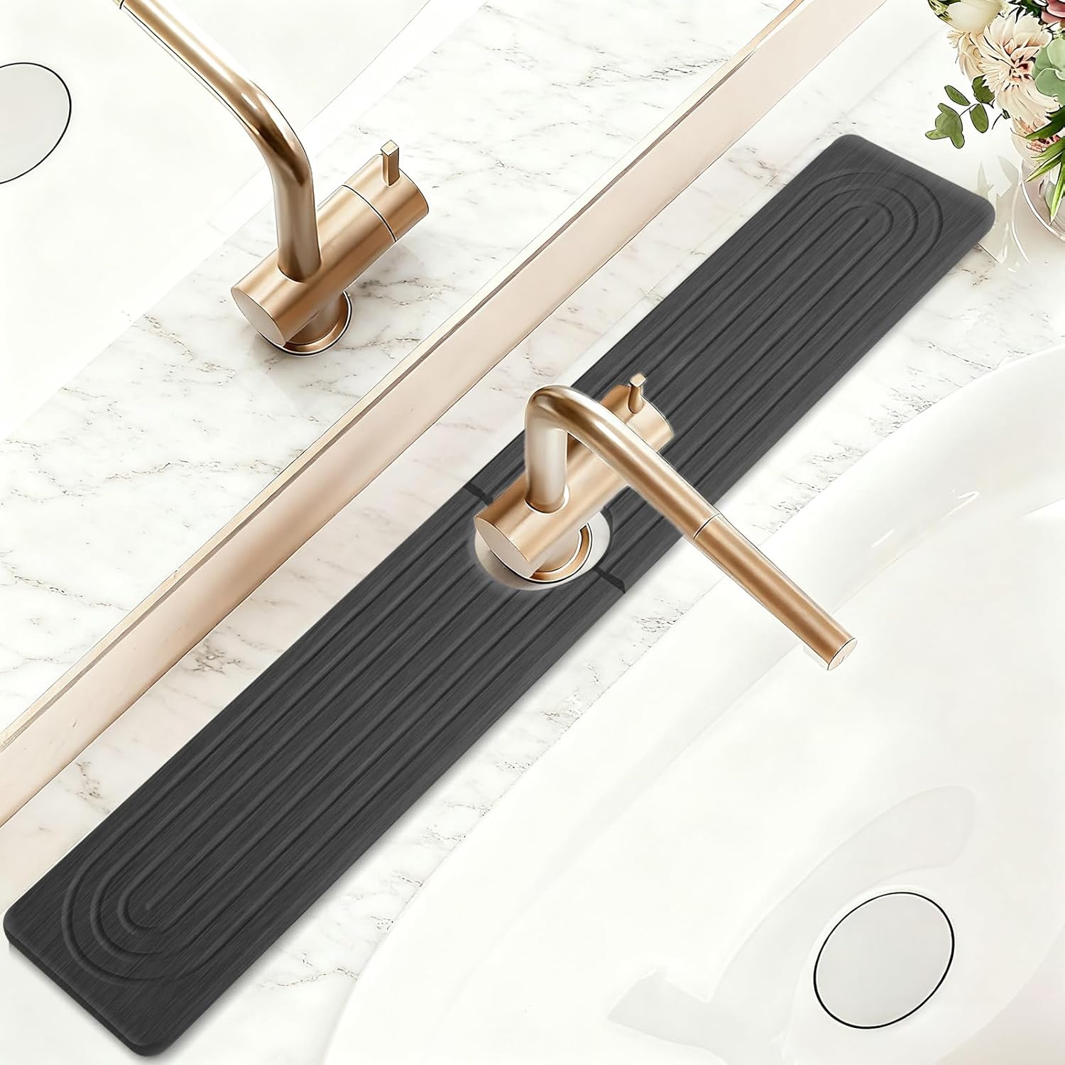 Fast Drying Faucet Mat for Kitchen Sink - 24 Inch Quick Dry Stone Diatomite Faucet Splash Guard & Drip Catcher with Sponge Foot Pads for Kitchen Sink, Bathroom Tray Counter Prevents Moisture Buildup Gray