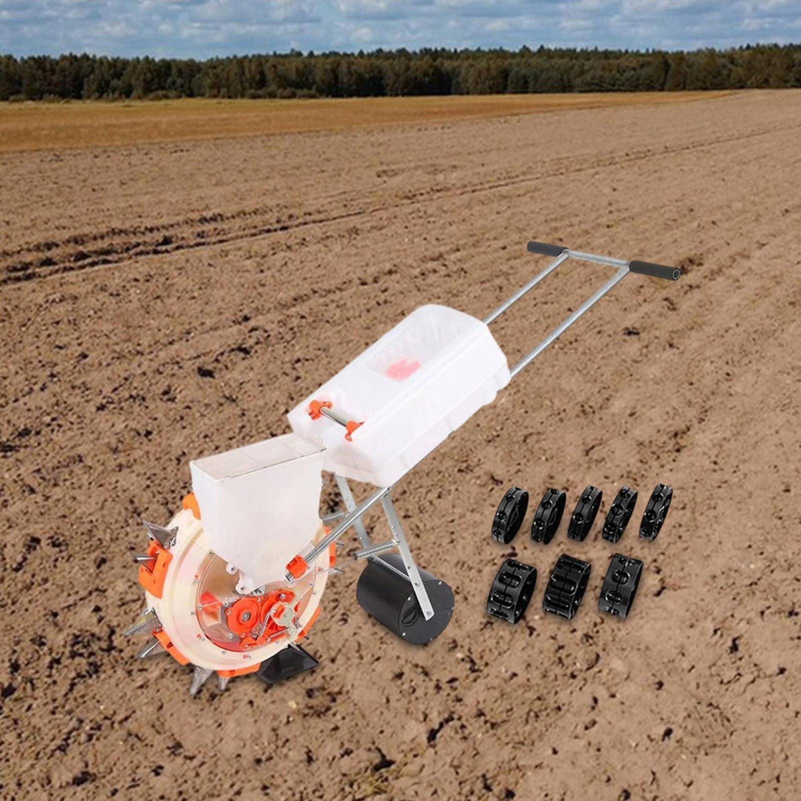 Handheld Seeder Semoir Planteur Épandeur Manuel à Poussée avec Roue Tasseuse Acier Inoxydable et Plastique Semis Régulier et Fertilisation Contrôlée, S 35CM, 5-Buse