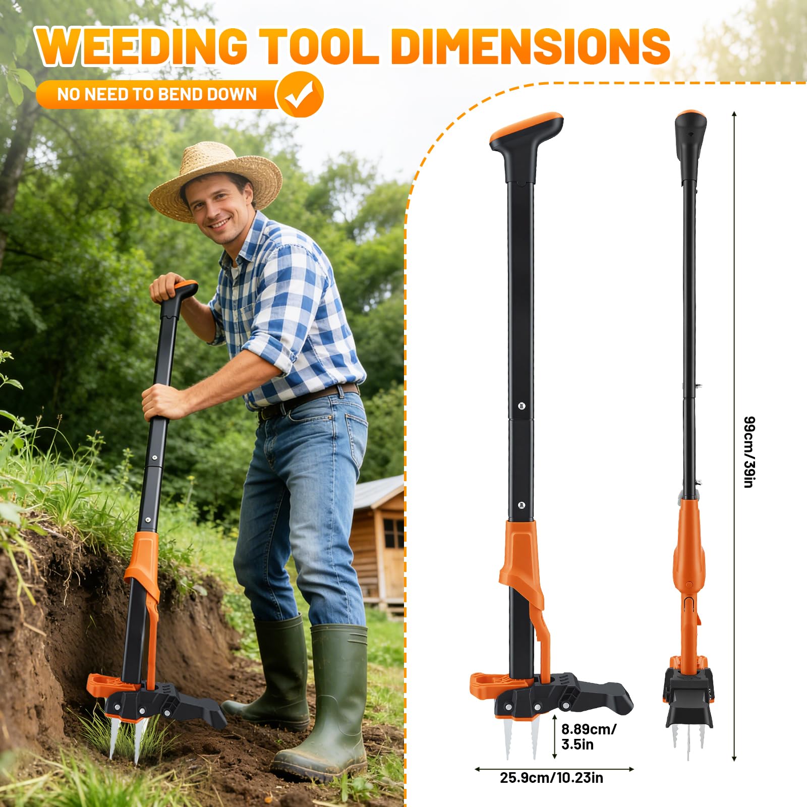 Desherbáceo manual y extractor de malezas con bolsa de jardín de 50 l, longitud 100 cm, 4 garras de raíz de acero en herramienta de deshierbe de mango largo para eliminar malezas