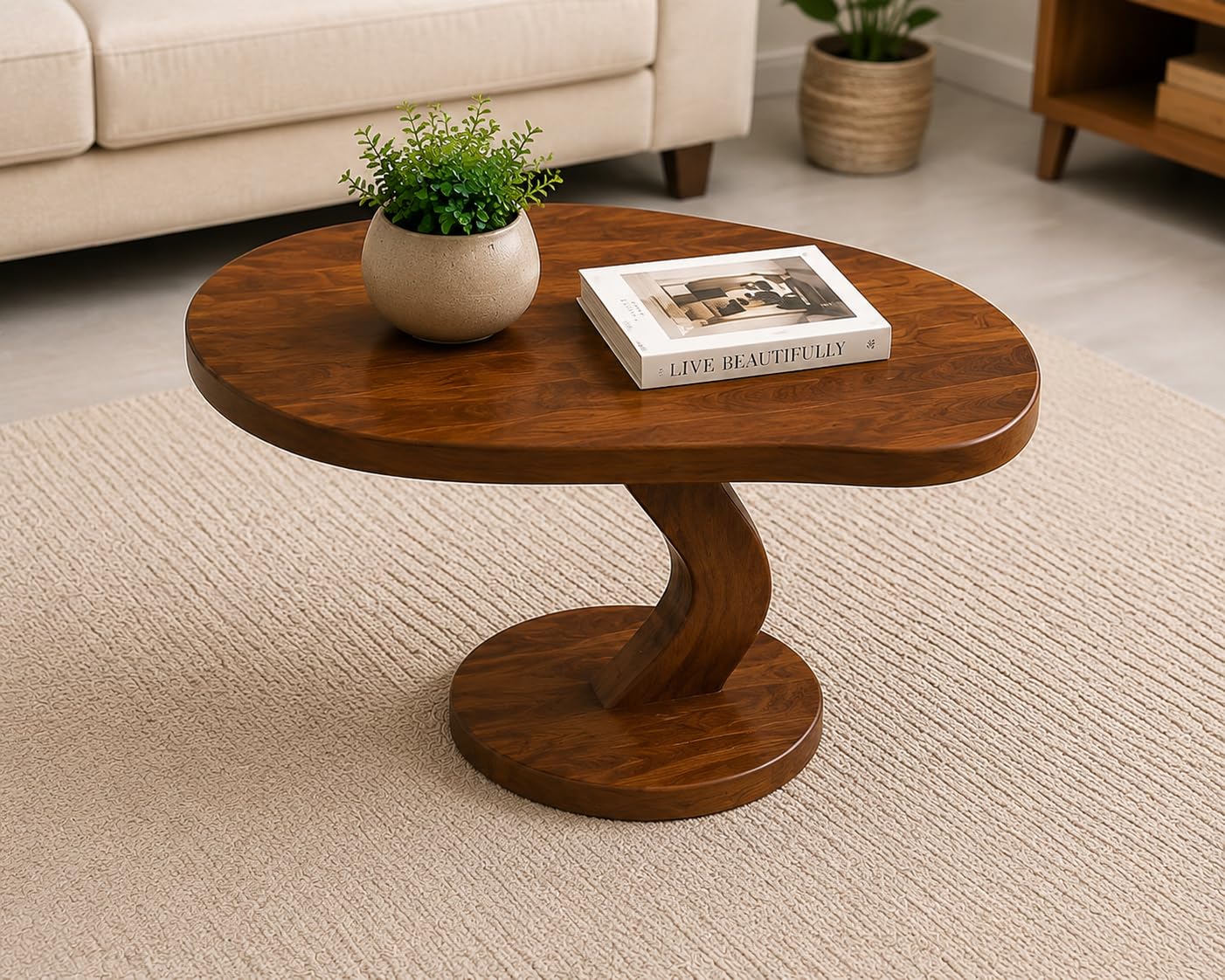 Center Table for Living Room | Solid Sheesham Wood Pebble Shape Coffee Table for Hone & Office | Accent Table | Tea Table | Honey Finish-image-26
