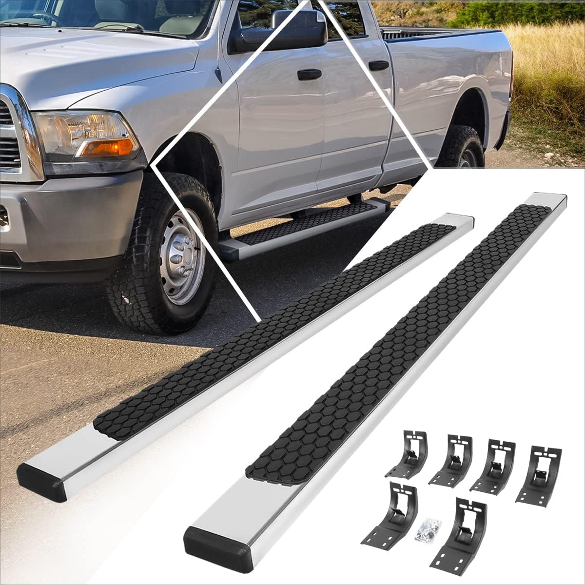 [Pair] 5 Inch Chrome Stainless Running Boards/Side Steps/Nerf Bars Compatible with 09-24 Dodge Ram Crew Cab 4-Door