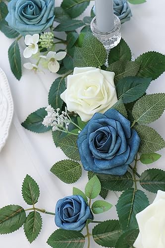 Miniatura 6 de PONATIA Guirnalda de flores artificiales de rosas hechas a mano de 5 pies, guirnalda de flores azul polvoriento y follaje para ceremonia de boda,