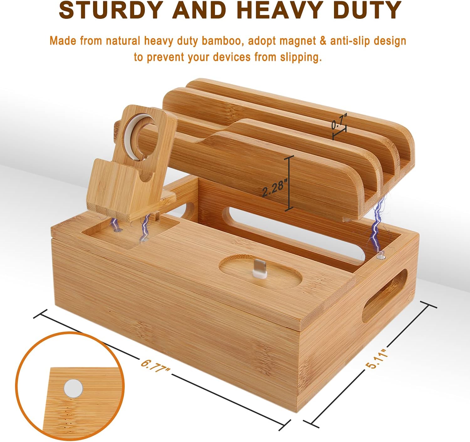 Bamboo Charging Station for Multi Device With 5 USB Charger Port Sendowtek 6 in 1 USB Charging Stand for Phone Tablet Smart Watch Holder Earbuds Dock Charger Organizer with Power Supply 5 Mixed Cables