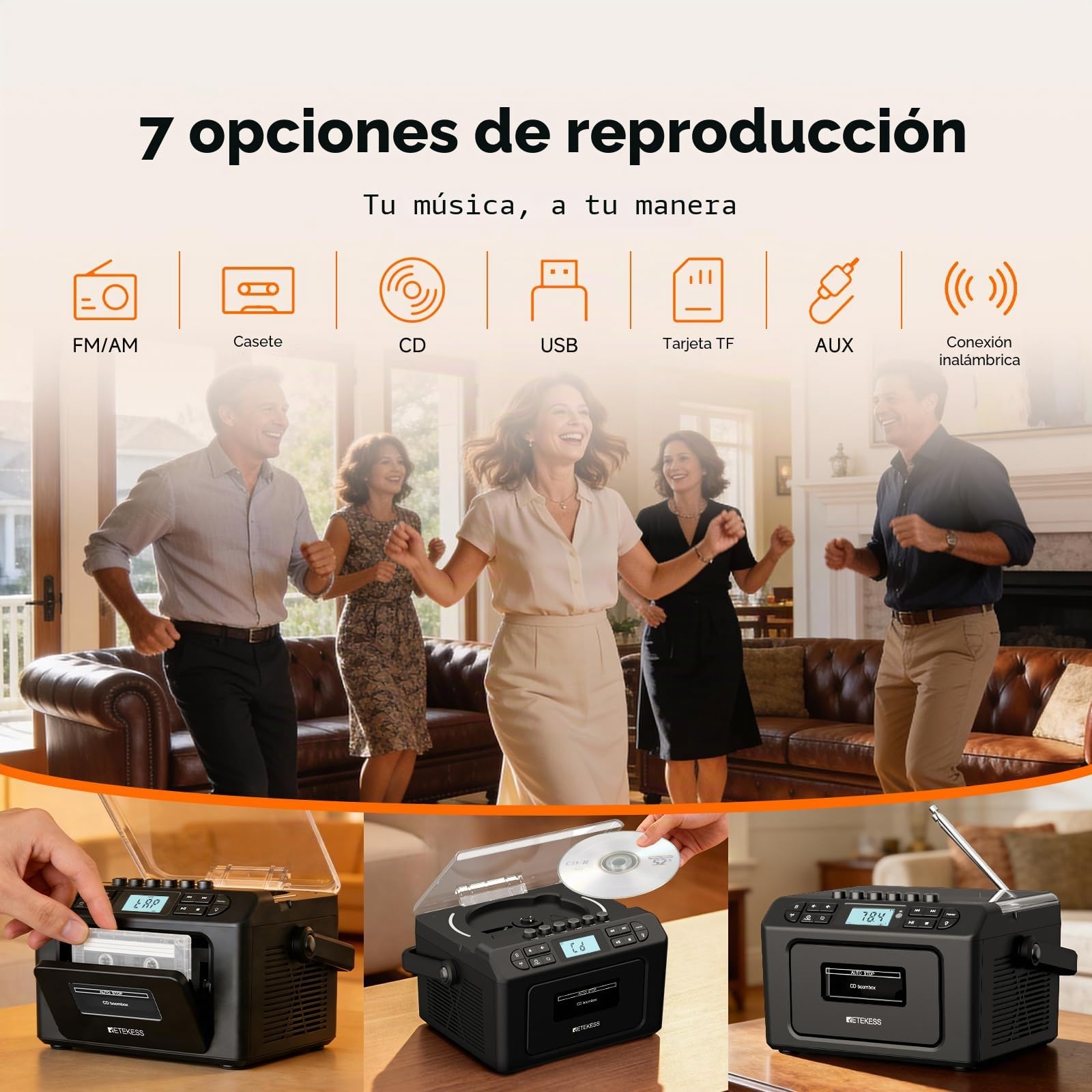 Retekess TR642 Reproductor de CD Portátil, Radio Cassette Portátil, Am/FM, Conectividad Inalámbrica, Batería Recargable de 5000 mAh, USB/AUX/TF, Conector para Auriculares, Apto para Familias