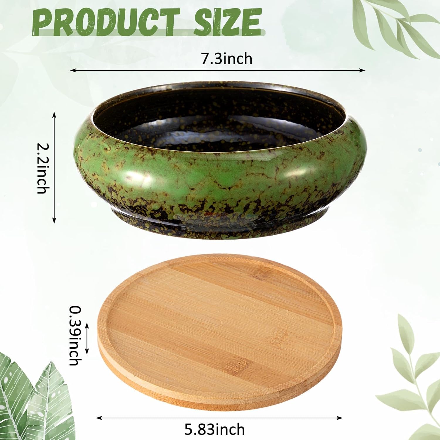 2 Pack 7.3 Inch Round Large Shallow Succulent Ceramic Planter Pots with Drainage Hole Drip Glazed Shallow Bonsai Pot with Bamboo Tray for Indoor Outdoor Plants Decor Cactus Flower