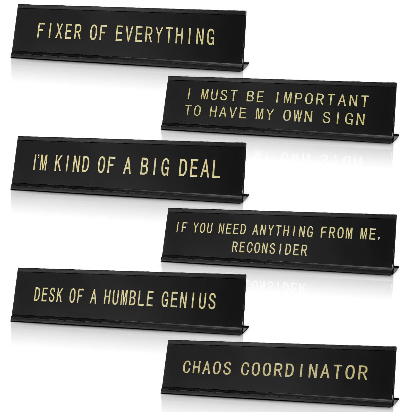 Menkxi 6 Pcs Funny Desk Sign Plaques for Office Decor, Novelty Desk Sign Nameplate for Manager Gifts Work Accessories, Letters on Black Background, 10 x 2 Inches(Gold Letters, Black Base)