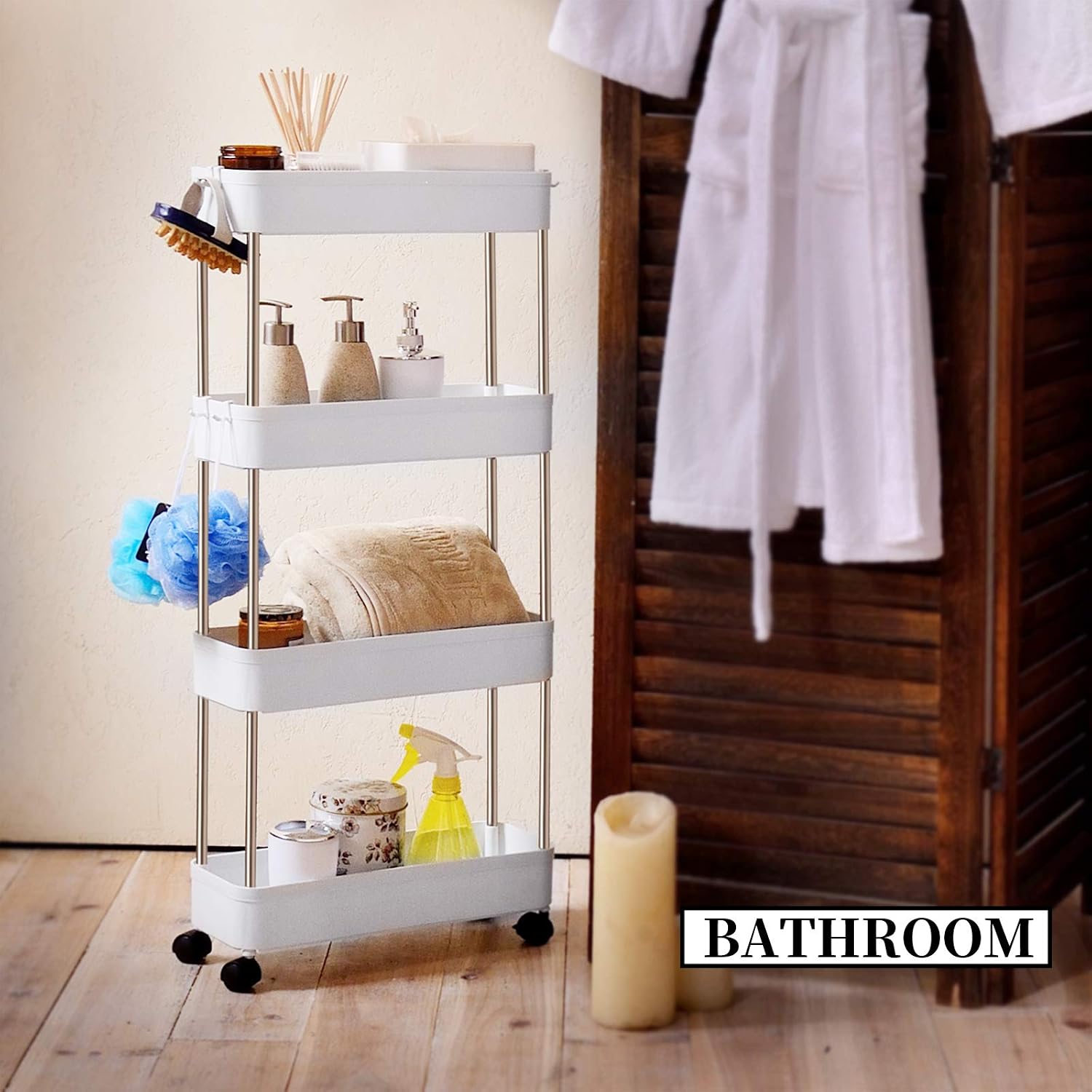 LeFroom 4-Tier Slim Storage Shelf Rolling Organizer Cart with Stainless Steel and ABS Material for Kitchen Bathroom Laundry Room Narrow Places, 5.8-inch Narrow Bezel Design