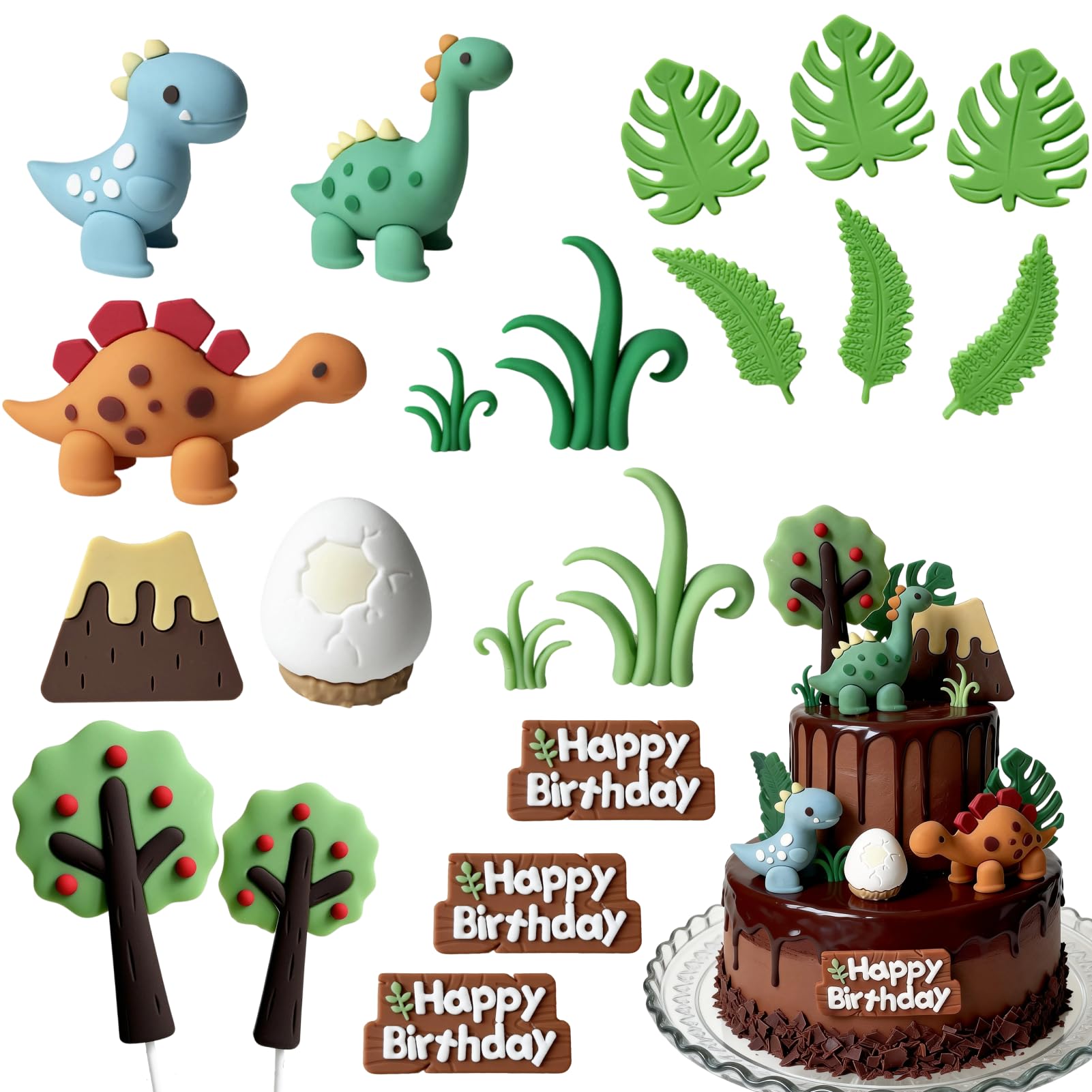 20-Piece Dinosaurs Cake Decoration Set - 3D Dinosaurs, Volcano, Birthday Sign & Trees Cake Toppers for Birthday, Baby Shower Party Decor