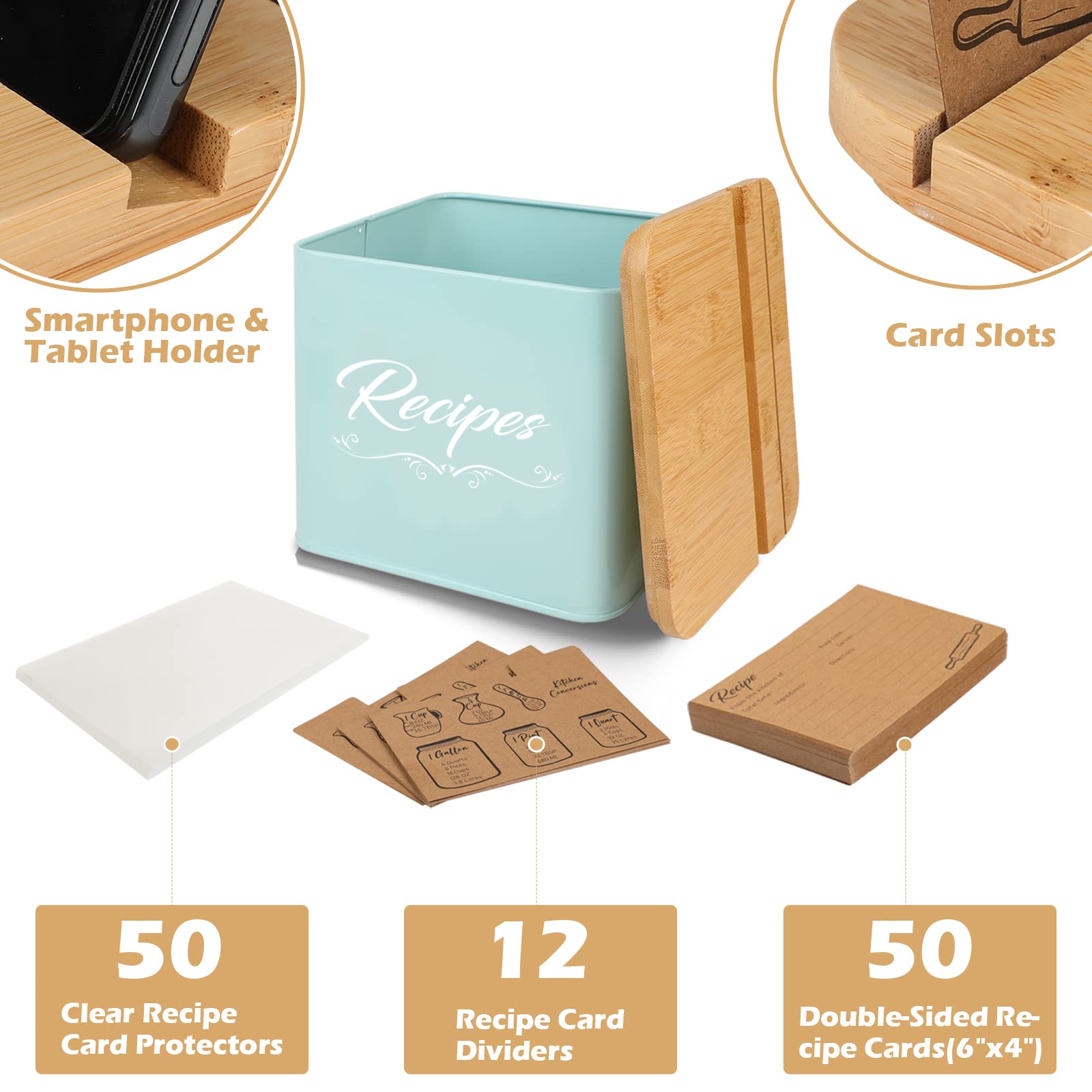Kamehame Recipe Box with Cards and Dividers, Recipe Cards and Box Set, Includes 50 4x6 inches Recipe Cards and 50 Clear Recipe Card Protectors and 12 Recipe Dividers