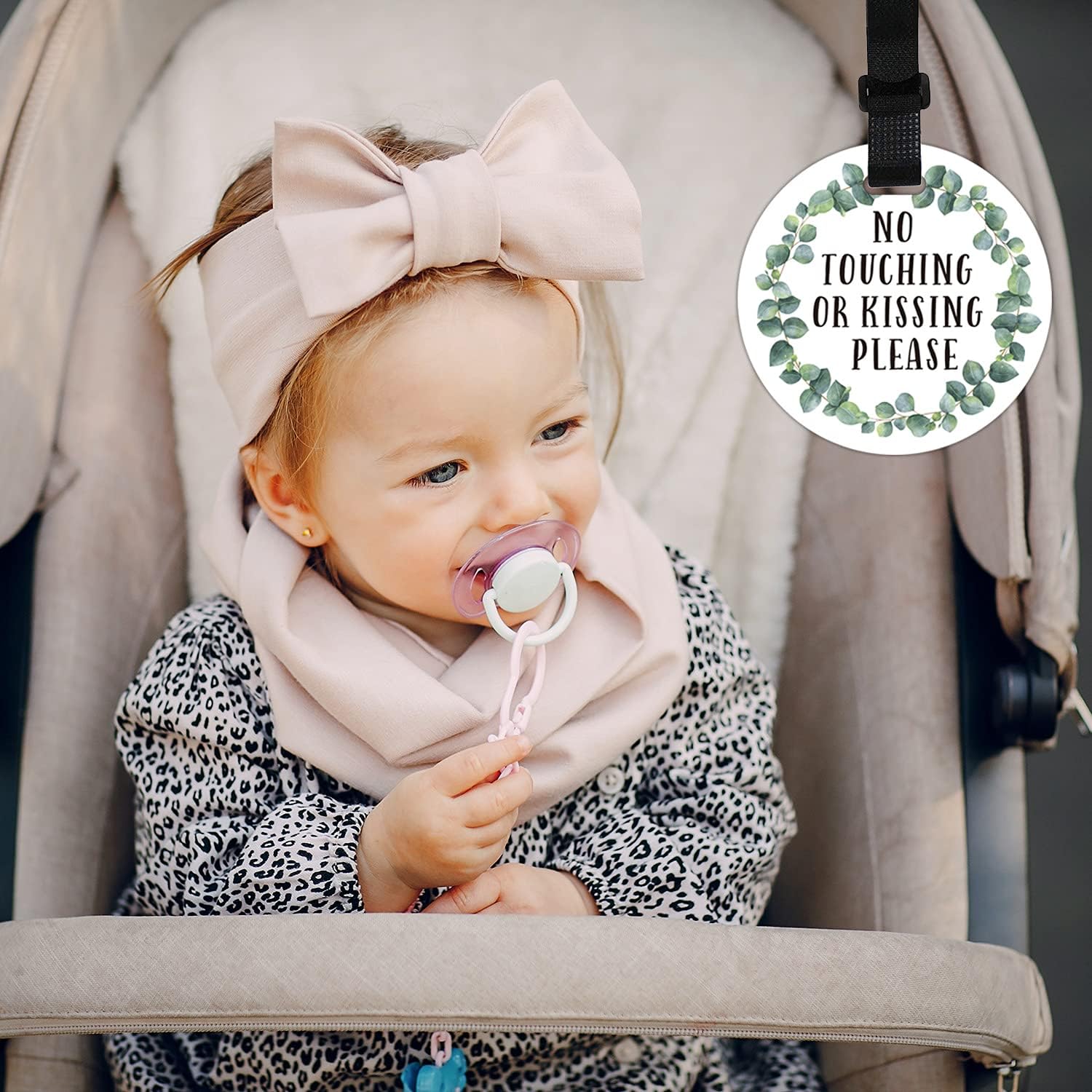 Do Not Touch Baby Signs-Stroller Tag, 2 Pack Greenery No Touching or Kissing Baby Sign, Stop No Touching Baby Car Seat Sign or Stroller Tag for Newborn Baby (5 Inches)