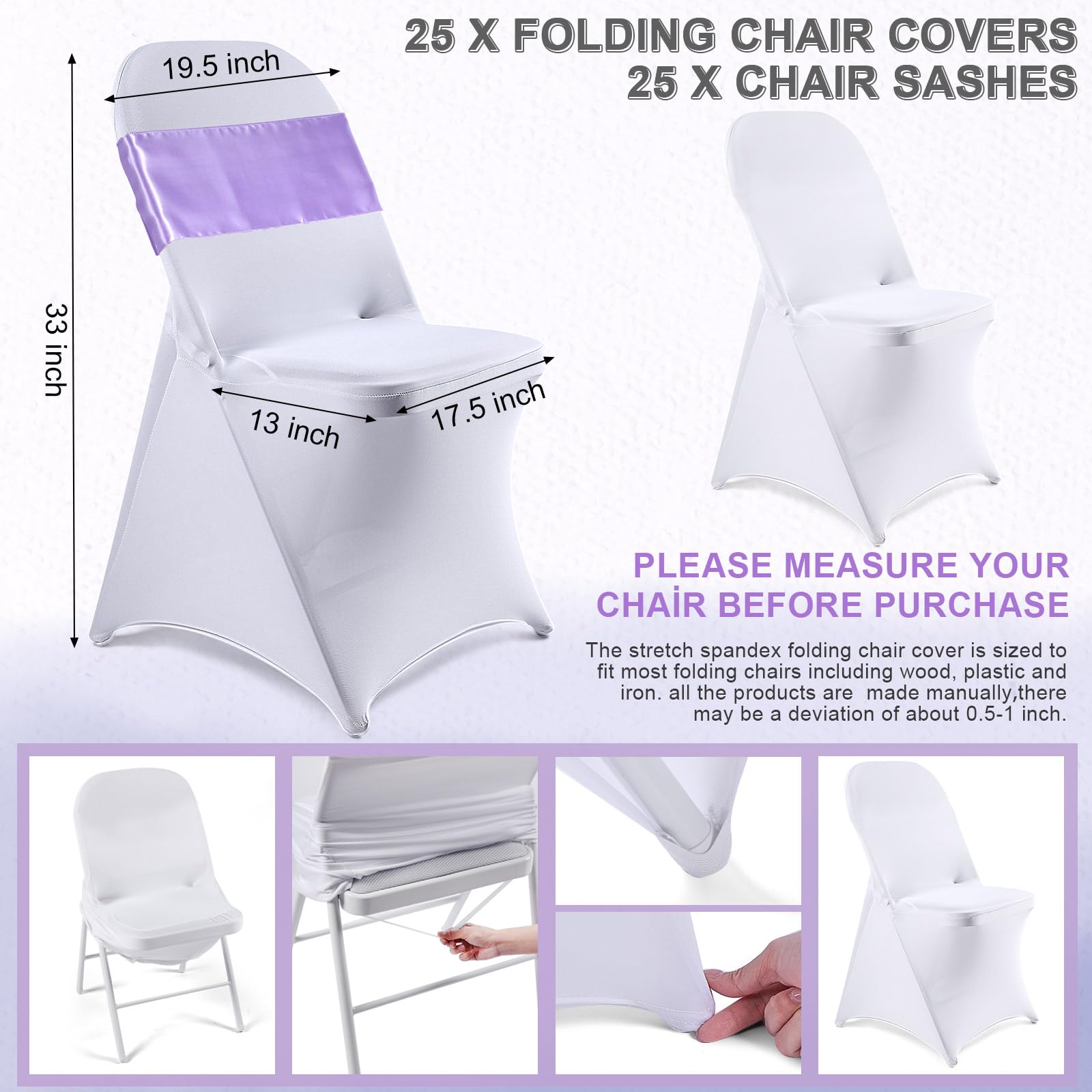 Lounsweer 50 Pcs Folding Chair Cover Set with 25 Stretch Spandex Chair Slipcovers 25 Satin Chair Sashes Bows Chair Ribbon Washable Banquet Chair Protector for Wedding Event(White, Lavender)