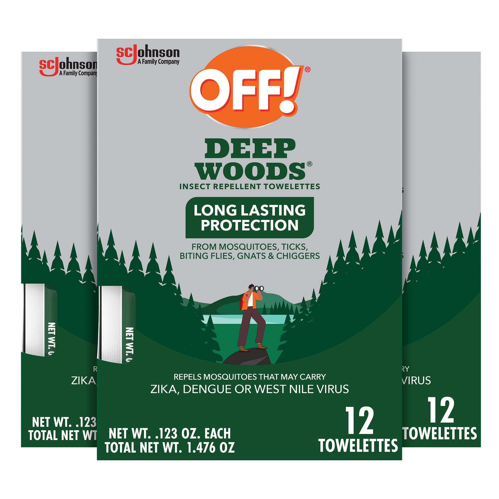 OFF! Deep Woods Insect Repellent Towelettes, Long Lasting Protection from Mosquitoes, Unscented, 12 Count