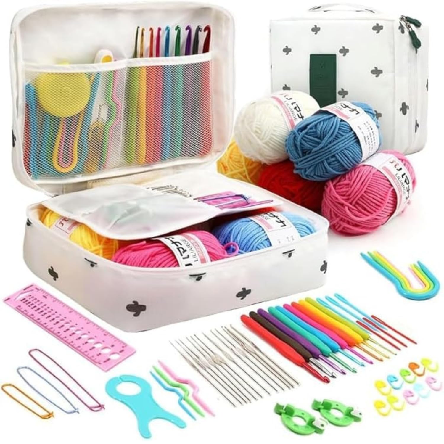 Tusmad Crochet Needle Kit 107 Pcs Crochet Knitting Needle Kit Crochet Starter Kit for Beginners, Ergonomic, Crochet Hooks Travel Bag, Crochet Kit for Beginners Adults or Kids Crochet Needle Kit with Tools & Accessories (Cactus white bag 107 psc)