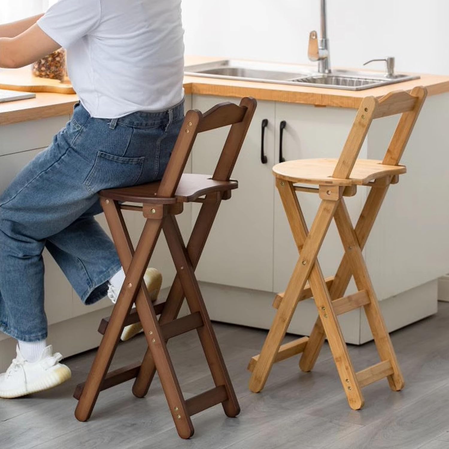 24.2"/29.1" Seat Height Folding Bamboo Bar Stool Kitchen Counter Height Chair with Back Breakfast Bar Stool 11.8"×14.2" Seat Folding Stools for Island Dining Room No Assembly(Natural,24.2”)