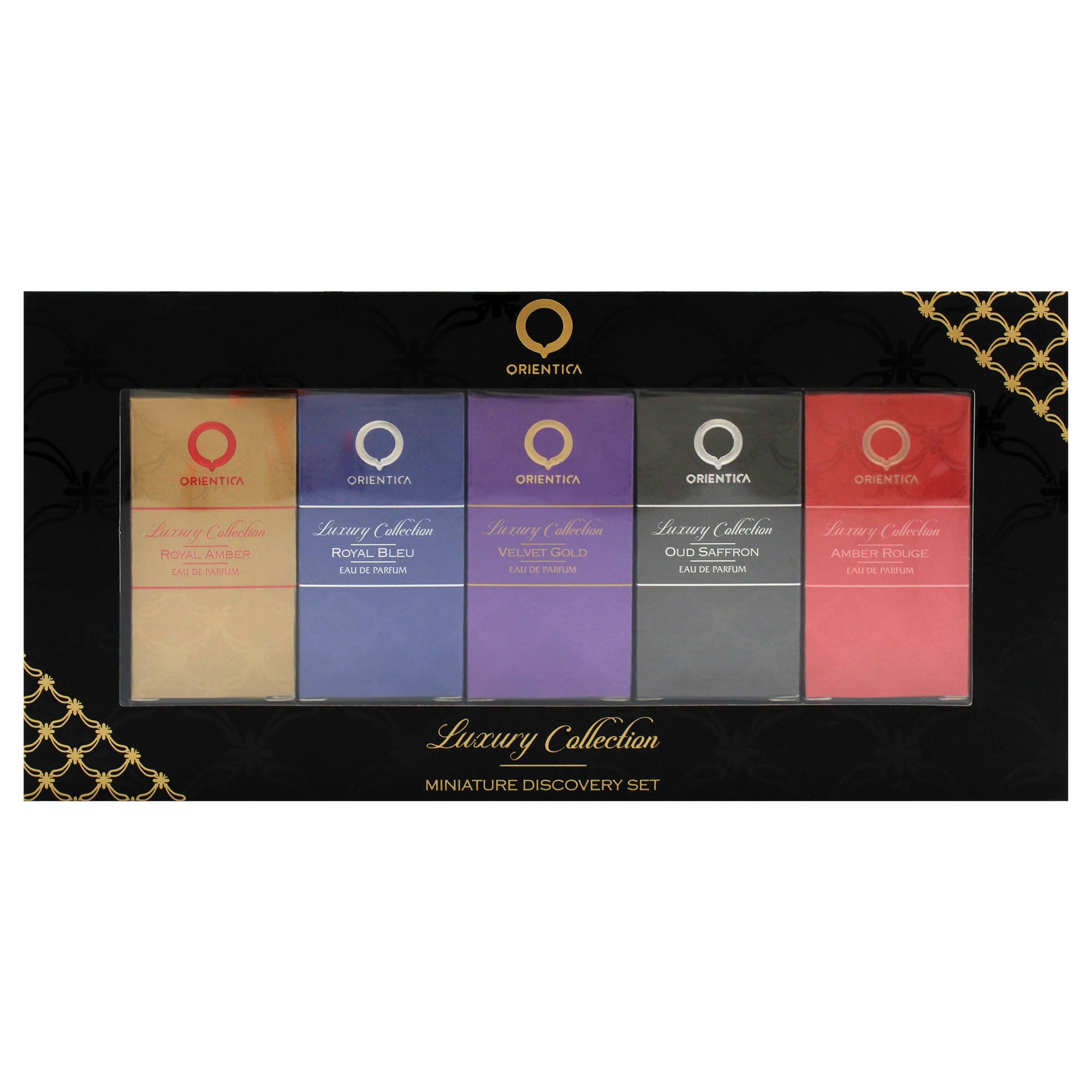 Orientica Luxury Collection Set Discovery Miniature Eau de Parfum 5 Pezzi (5 x 7.5 ml) – Amber Rouge, Royal Amber, Oud Saffron, Velvet Gold e Royal Bleu – Profumo Arabo Unisex per Donna e Uomo
