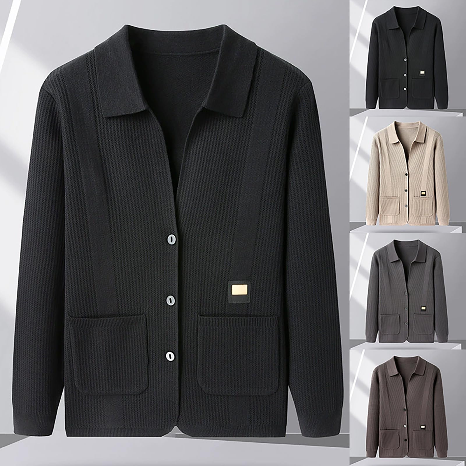 Generisch Cárdigan de punto para hombre con solapas y bolsillos, abrigo deportivo ajustado, suéter de punto vintage, chaqueta de entretiempo, chaqueta de entretiempo, tiempo libre, chaqueta de